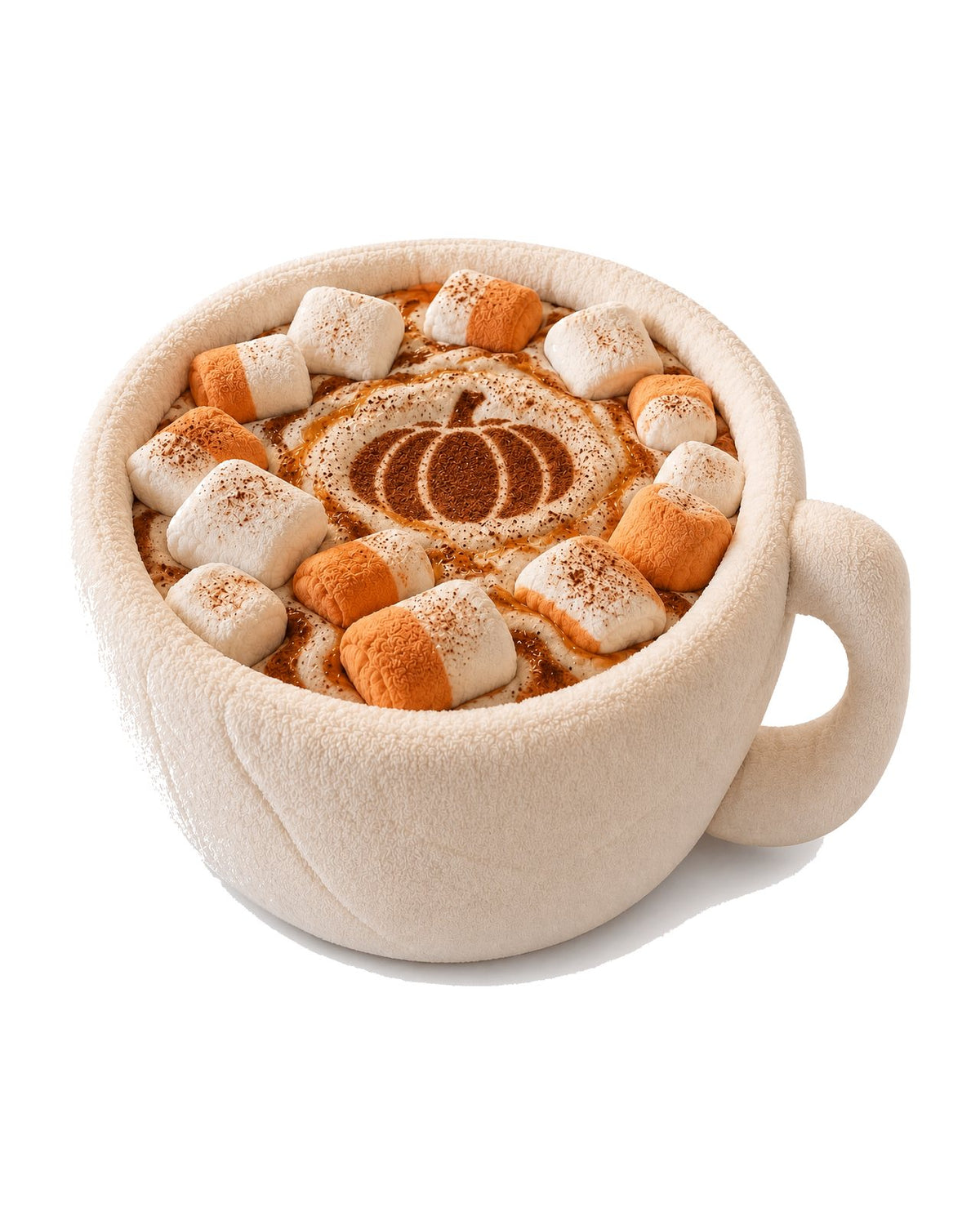 Espresso Nap Pumpkin Spice Latte Cat Bed, cream plush coffee cup with pumpkin latte art and loose plush marshmallows