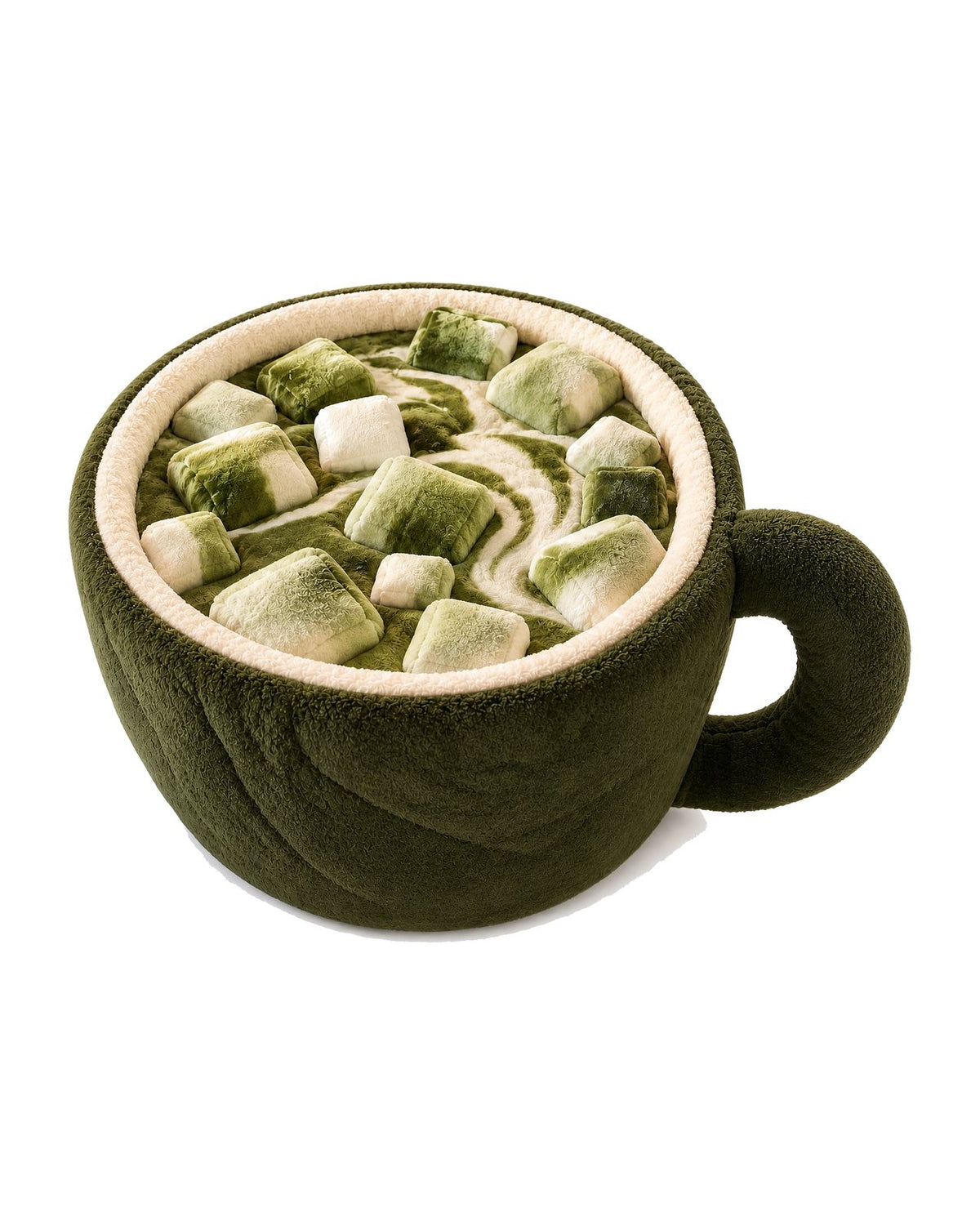 Espresso Nap Iced Matcha Latte Cat Bed, green plush coffee cup with loose plush ice cubes