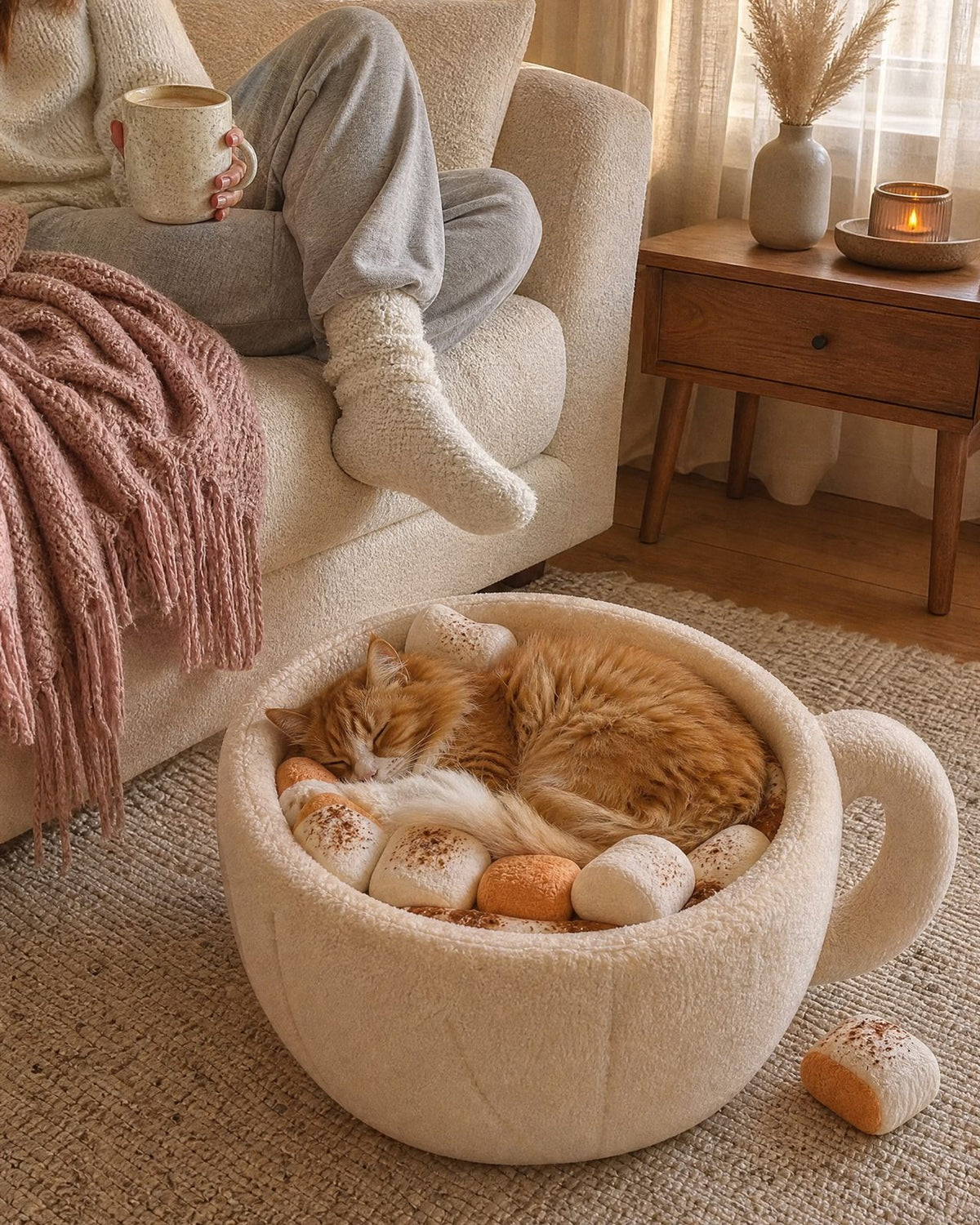 Ginger cat asleep in the Pumpkin Spice Latte coffee cup cat bed in a living room