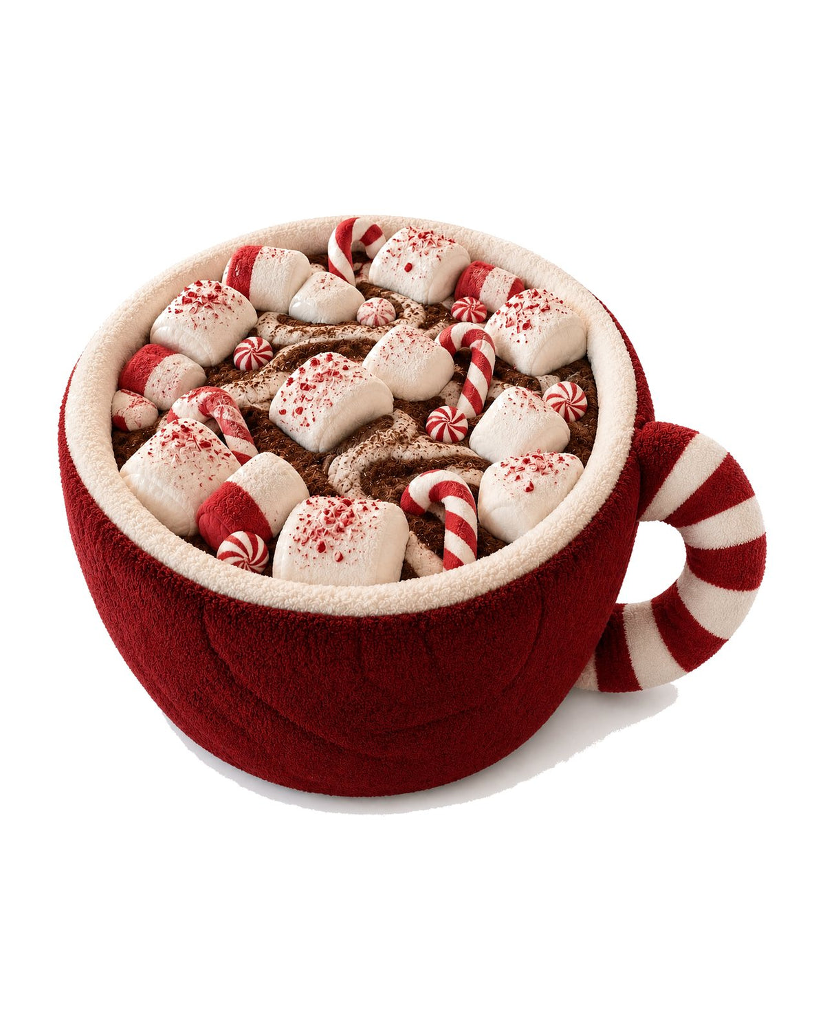 Espresso Nap Peppermint Mocha Cat Bed, red plush coffee cup with candy cane handle and loose plush marshmallows